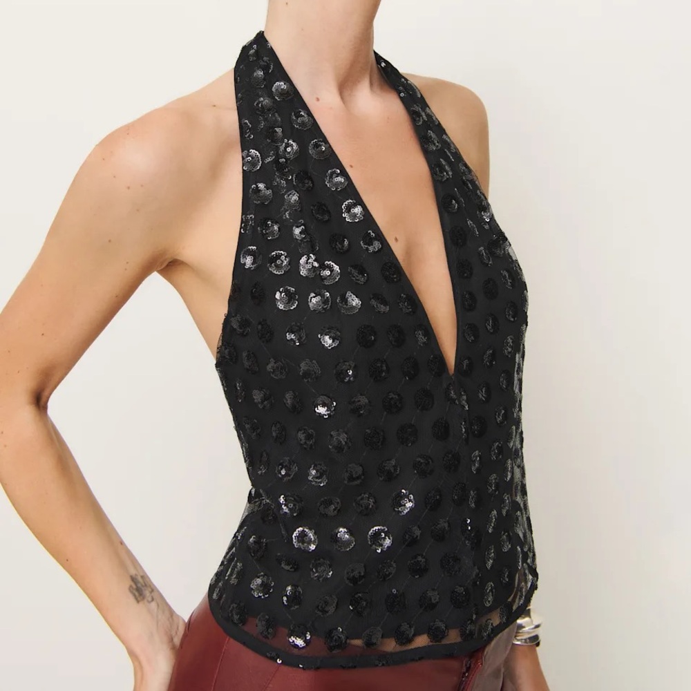 Reformation Black Sequin Kyra Halter Top (Size 4)